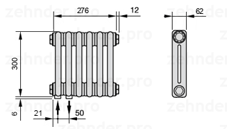 Схема (чертеж) Радиатор Zehnder Charleston 2030/6 №3370 Белый глянцевый RAL 9016